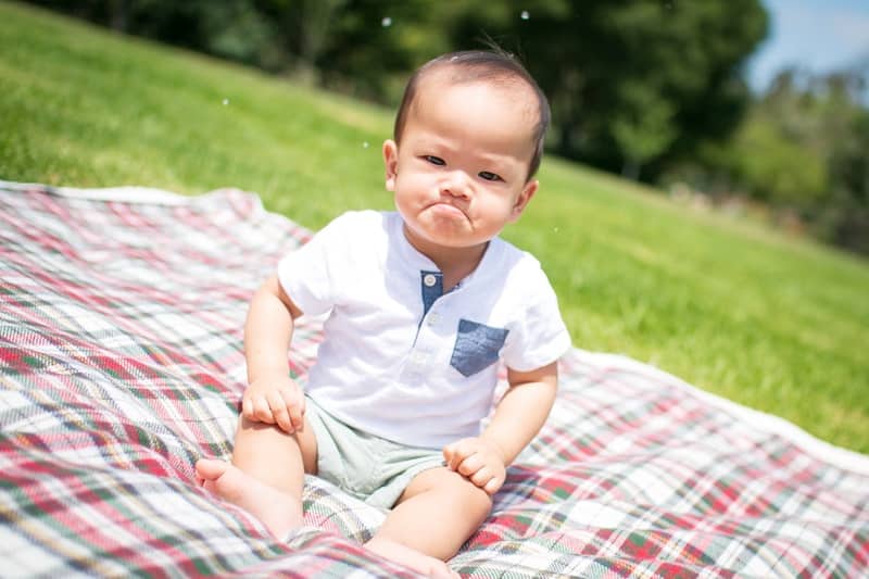 asian toddler baby on a picnic mat in a park