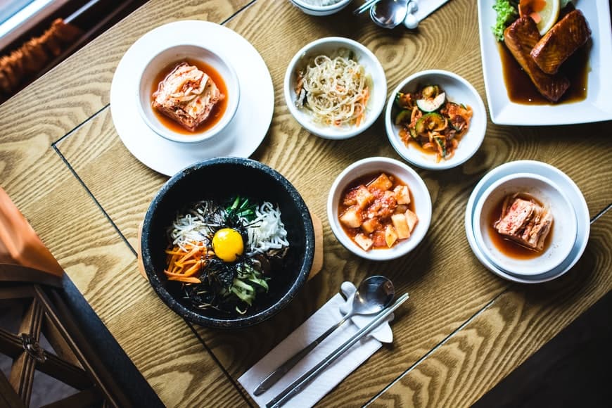 Spread of korean dishes and banchan